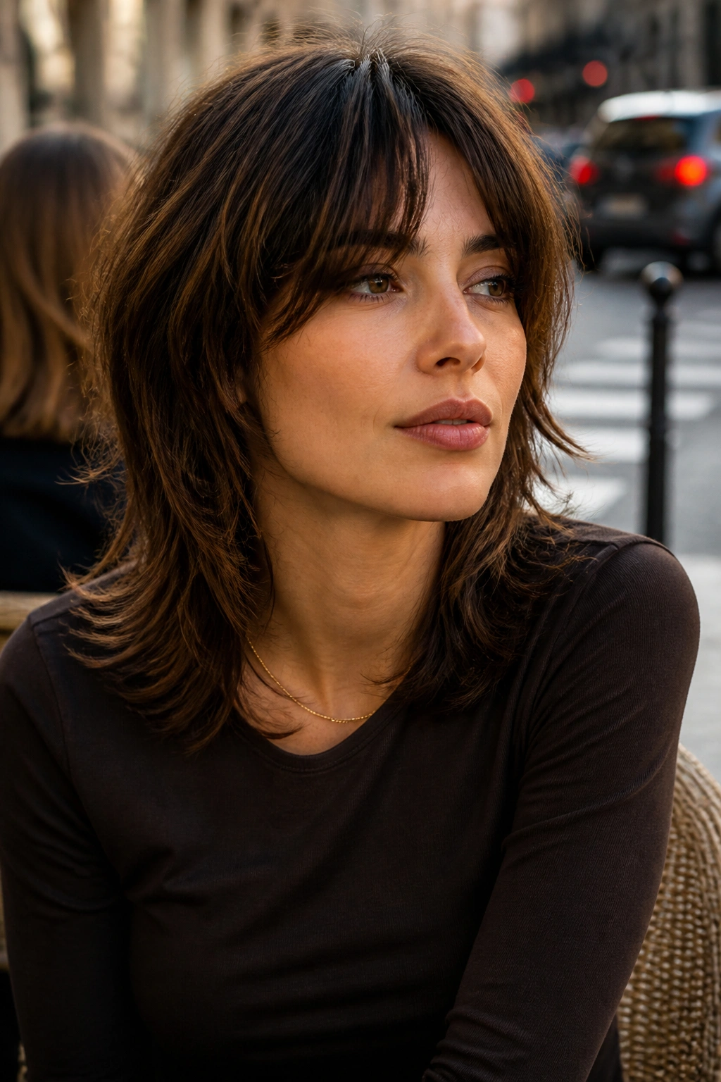 Real woman with mid-length wolf cut and flipped ends on an urban cafe terrace