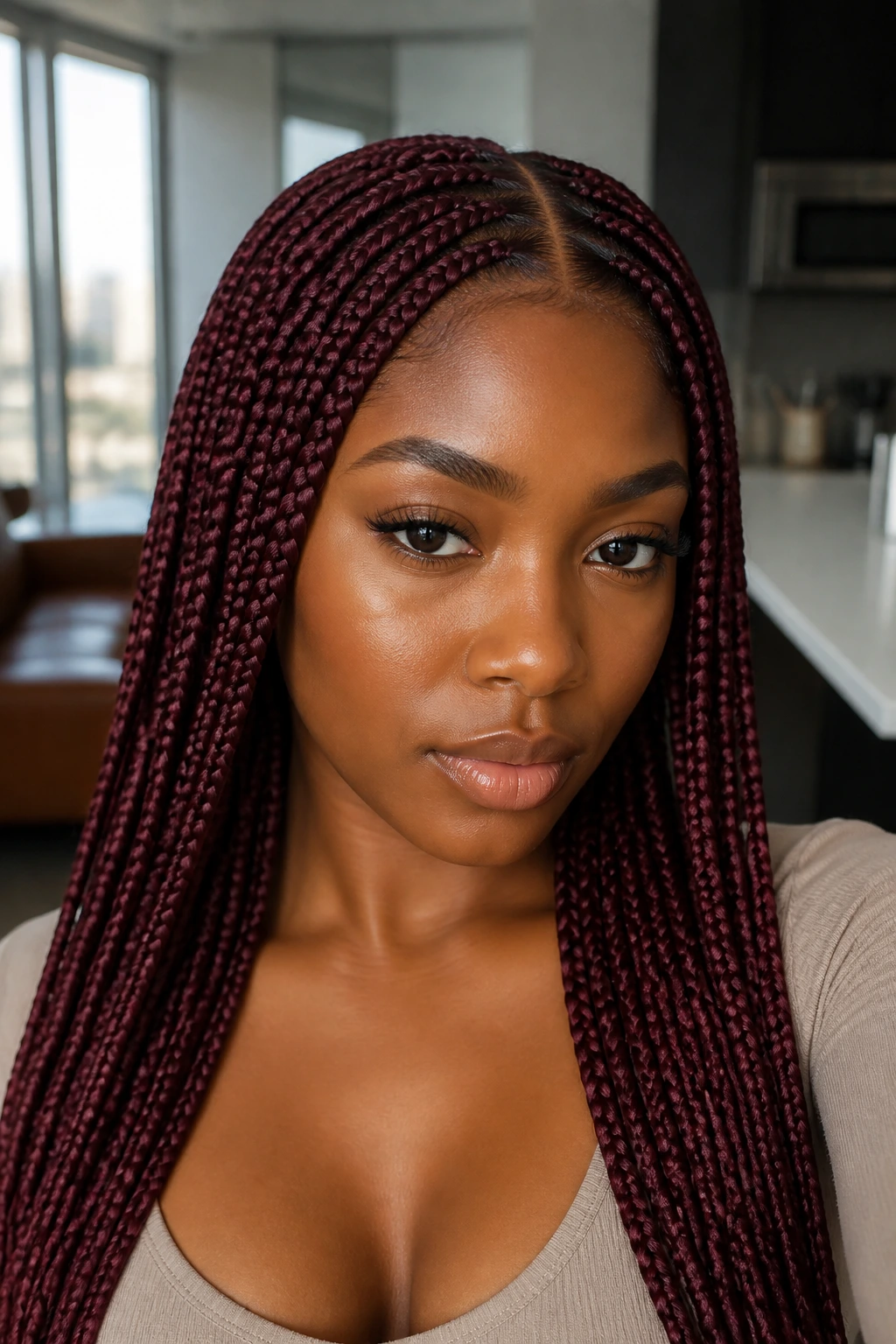 Portrait of woman with middle-part burgundy box braids