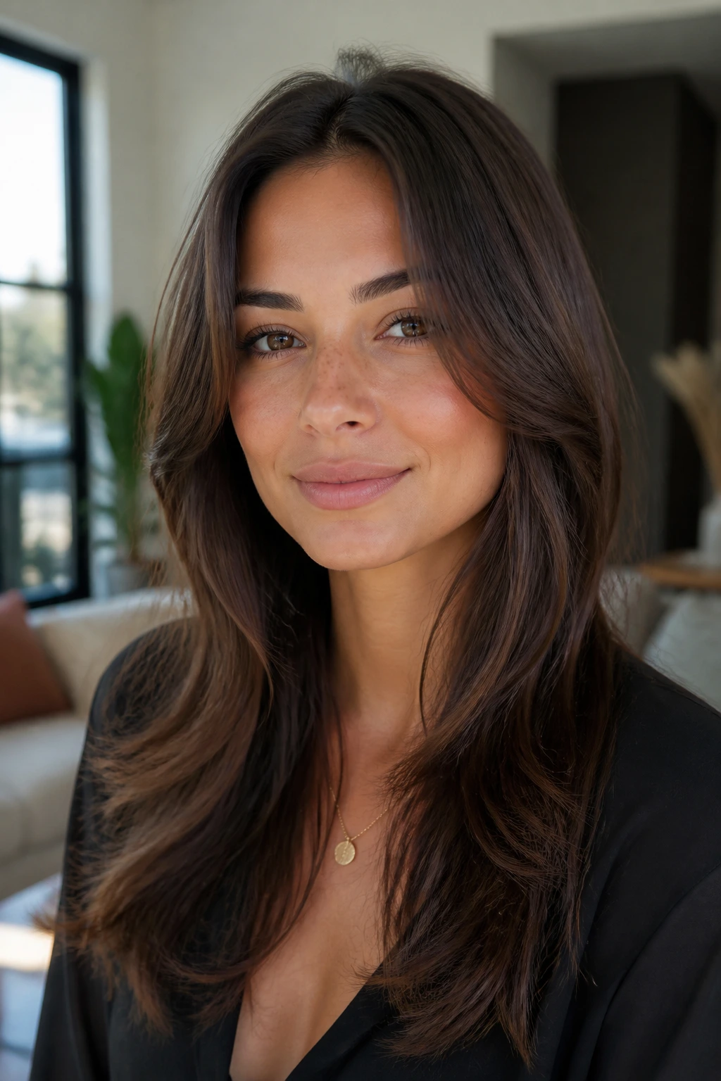 Real woman with middle part and cheekbone-skimming layers in natural daylight