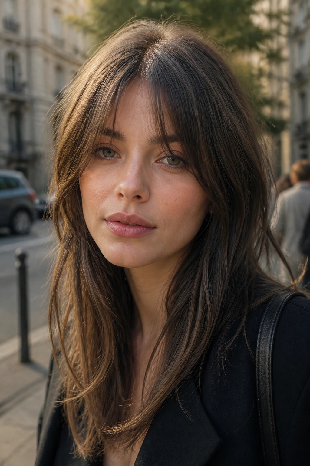 Real woman with middle part choppy bangs on a city street