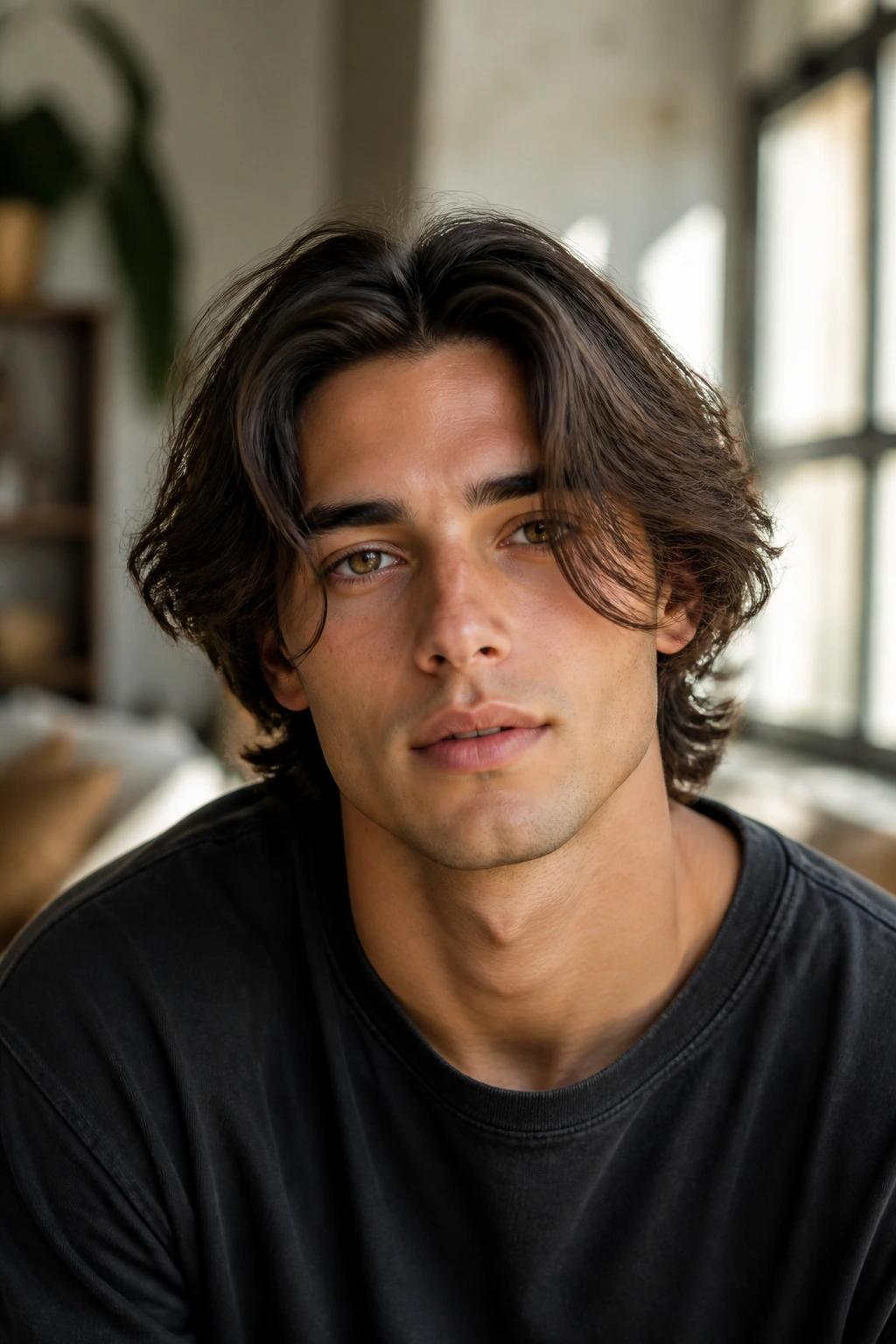 Close-up portrait of a man with middle-part flow hairstyle in natural window light