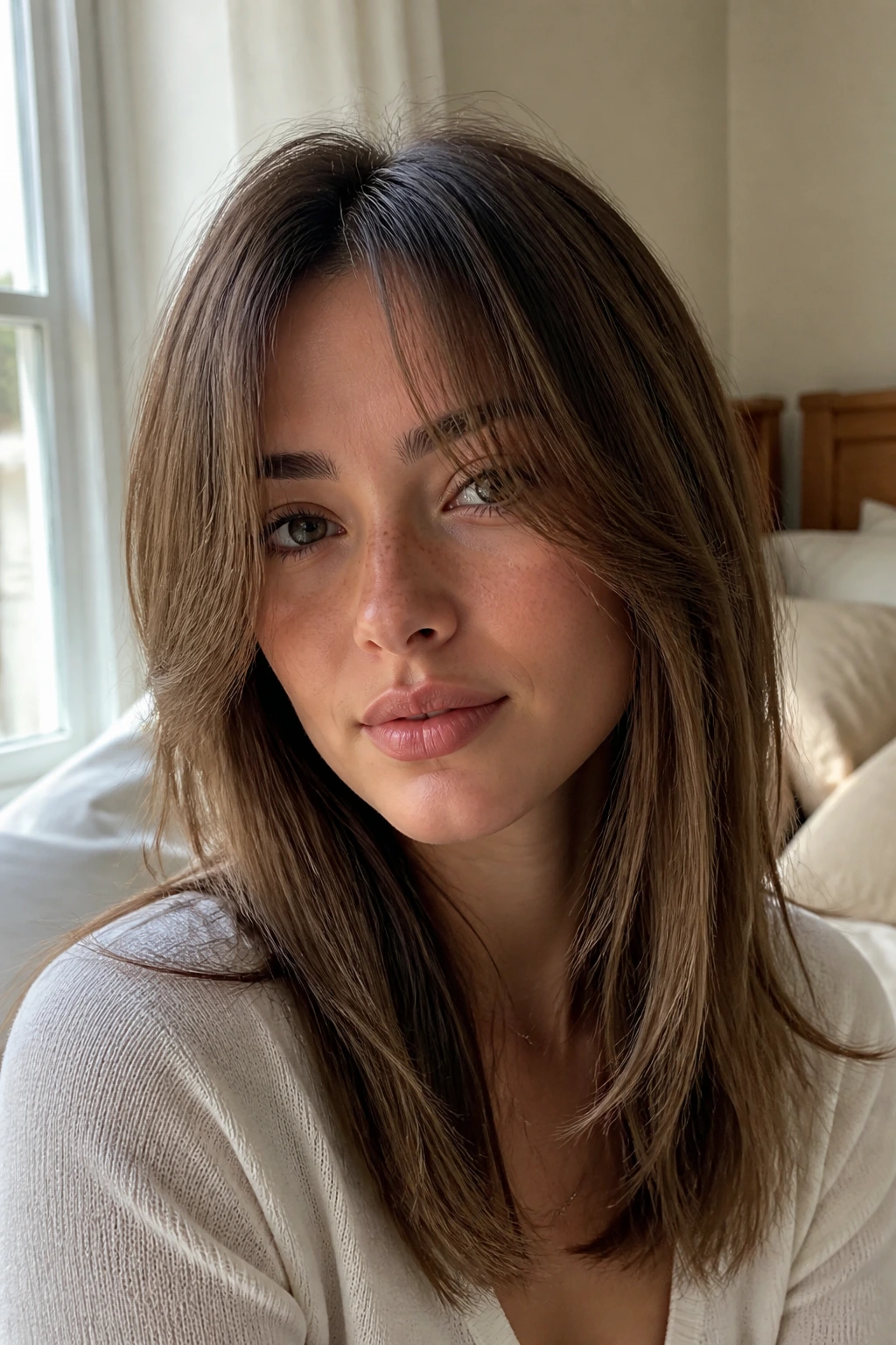 Close-up of a woman with a middle-parted long fringe