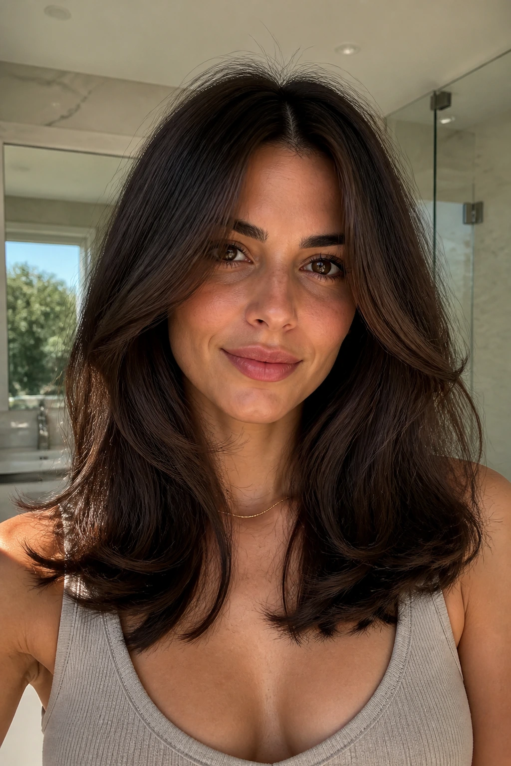 Real woman with middle-part layers and glossy blowout in daylight