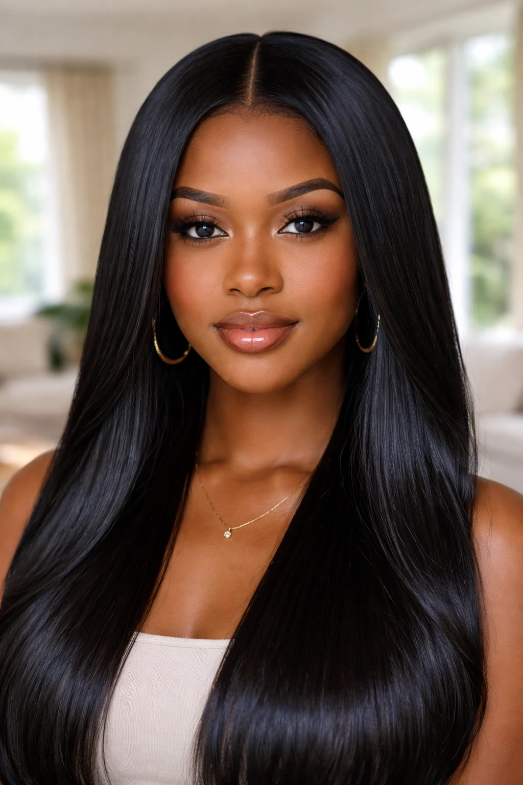 Portrait of real person with sleek middle-part silk pressed hair and curtain frames