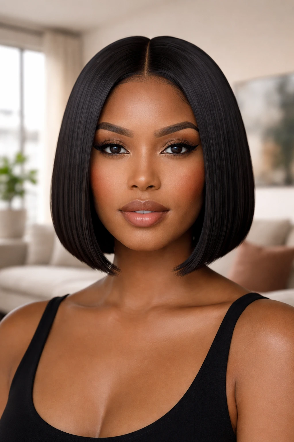 Close-up of middle-part sleek bob on a real person.