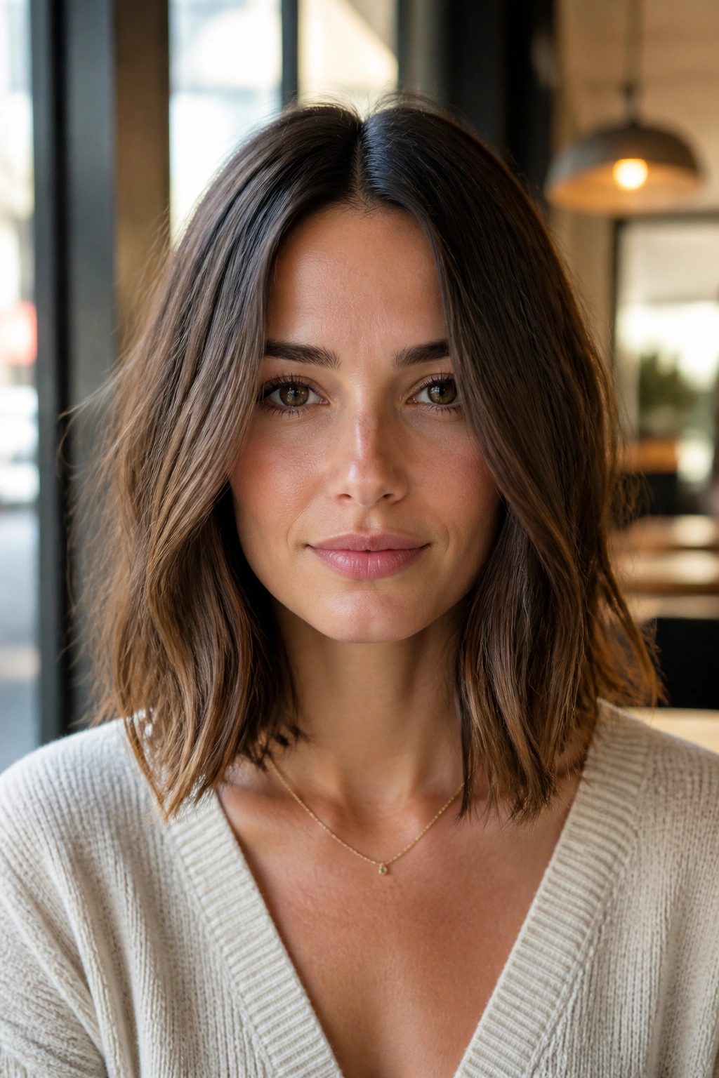Close-up of a woman with a middle-part textured long bob in a sunlit cafe