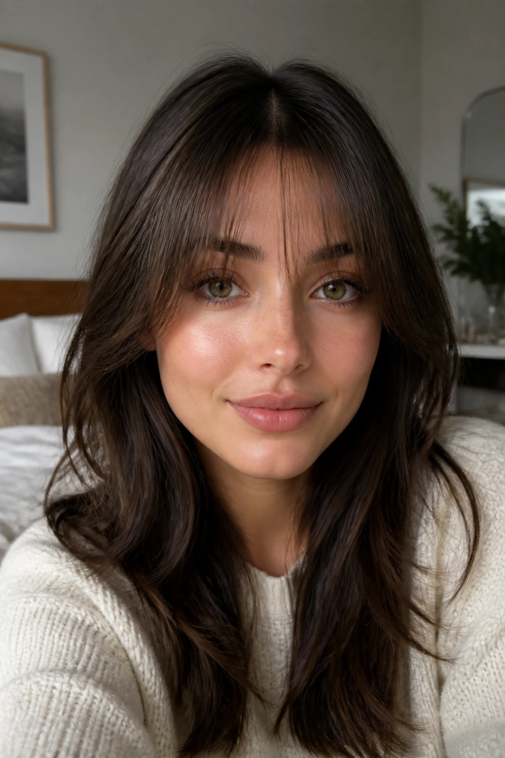 Close-up portrait of a real woman with middle-part wispy bangs framing her eyes in natural light