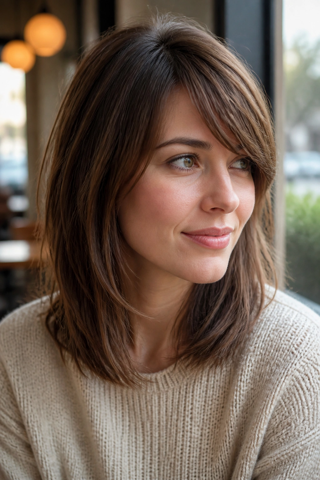 Portrait of a real woman with midi cut and side bangs.