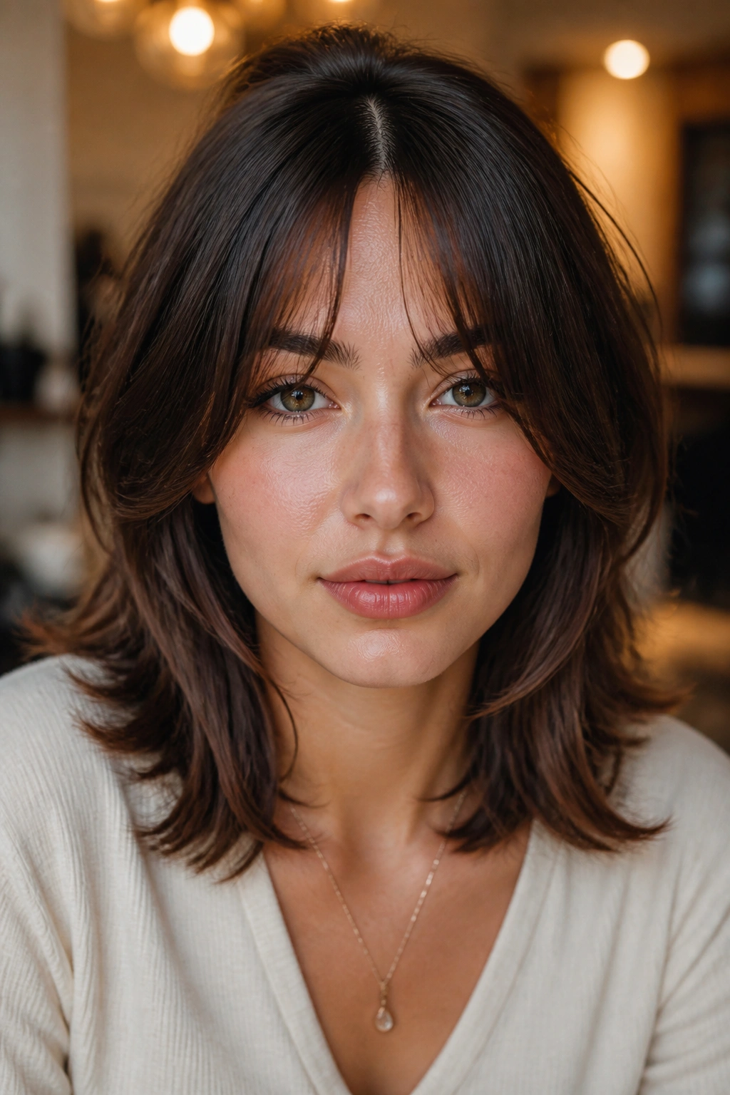 Close-up portrait of a real person with midi cut split fringe and cheekbone pieces