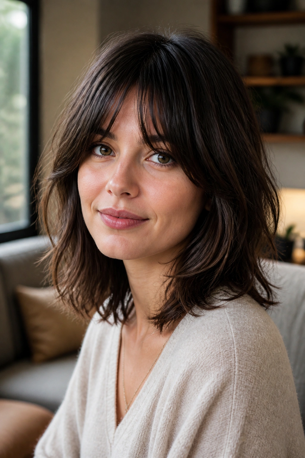 Close-up portrait of a real woman with bottleneck bangs and midi shag
