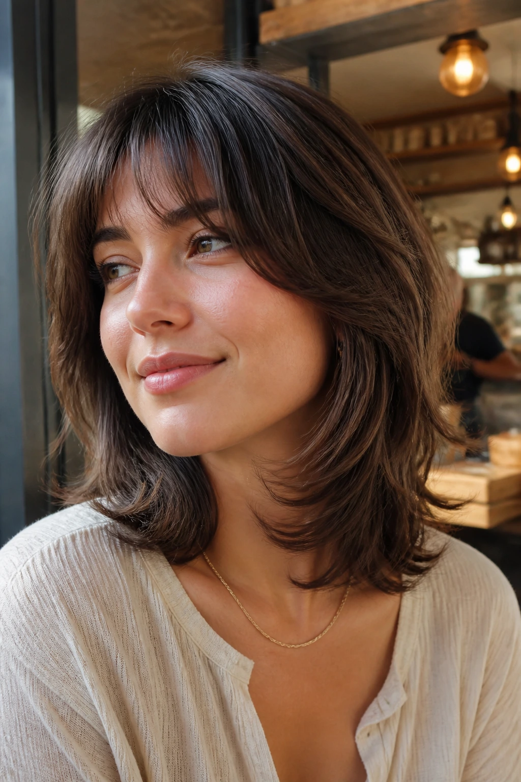 Close-up of a real person with midi shag and inward bends hugging the jawline.