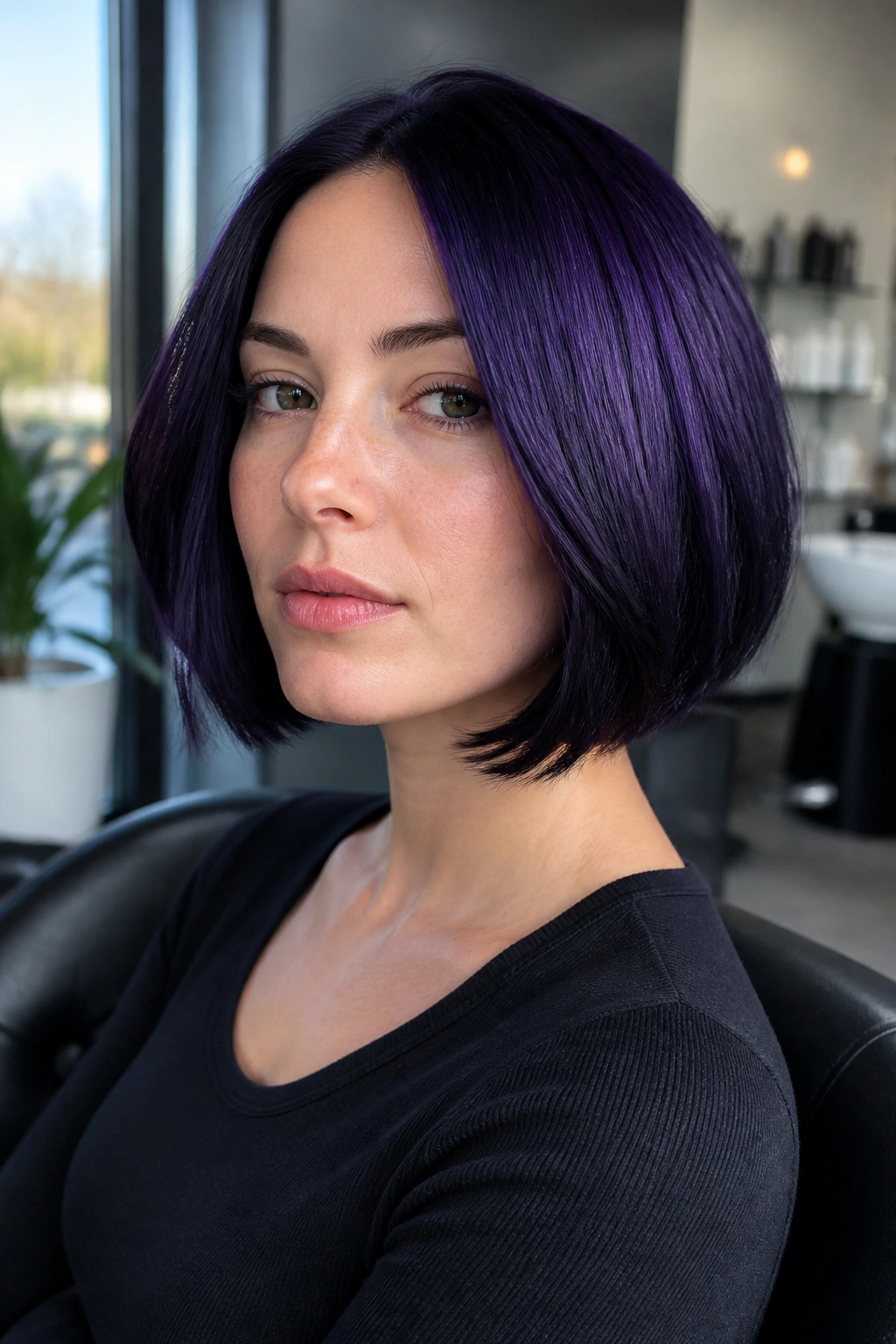 Close-up of a real person with a chin-length midnight amethyst bob