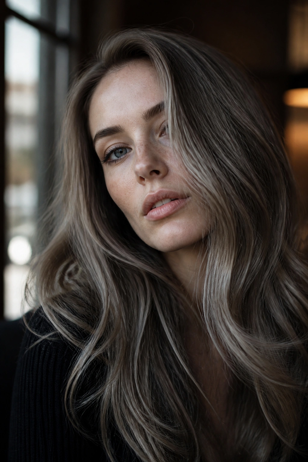 Close-up portrait of real woman with midnight ash blonde hair