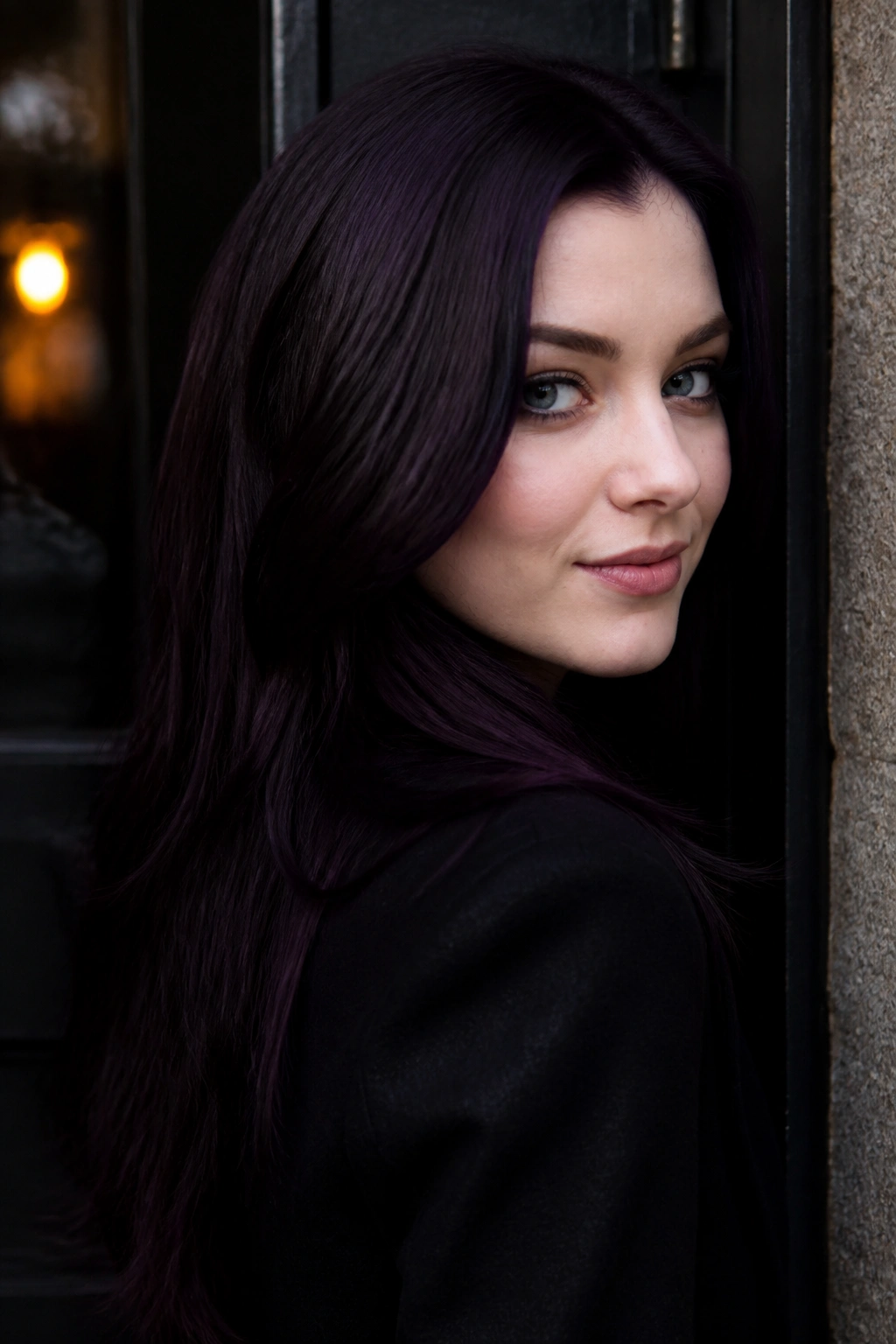 Close-up portrait with Midnight Aubergine hair showing deep eggplant color and violet sheen.