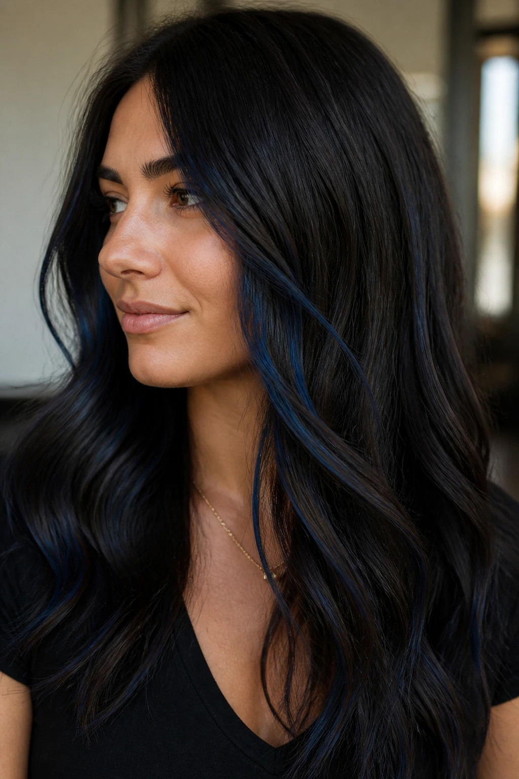 Close-up of dark brown hair with midnight blue ribbon balayage around the cheekbone.