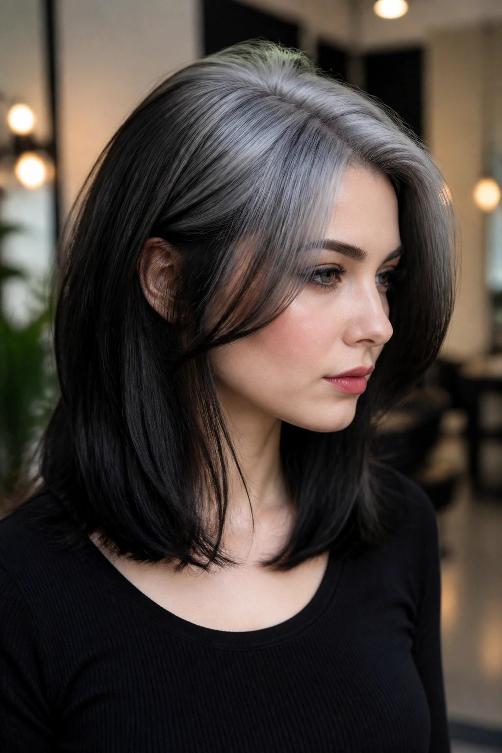 Close-up portrait of a real woman with midnight black hair and an ash-silver crown