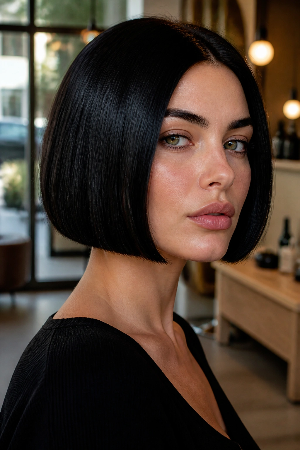 Close-up of a real woman with a sleek midnight black bob, glossy and sharp.