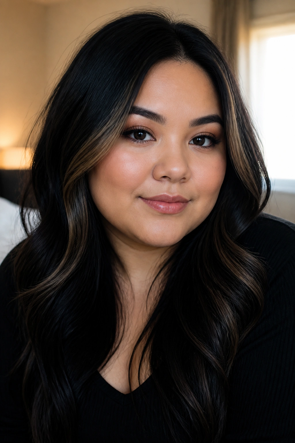 Portrait of a woman with midnight black hair and soft contour streaks at temples