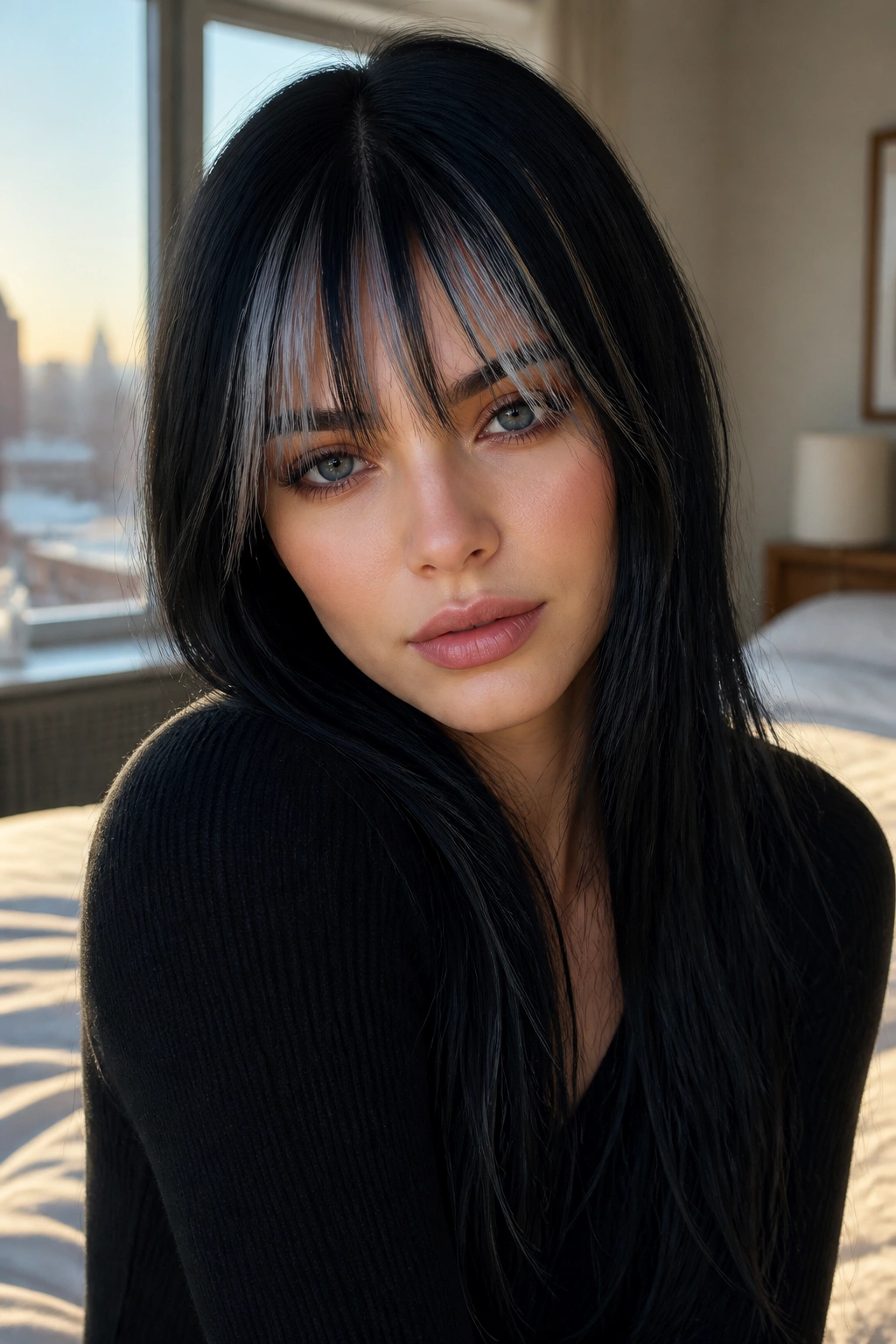 Real person with frosted bangs on midnight black hair framed by soft light.