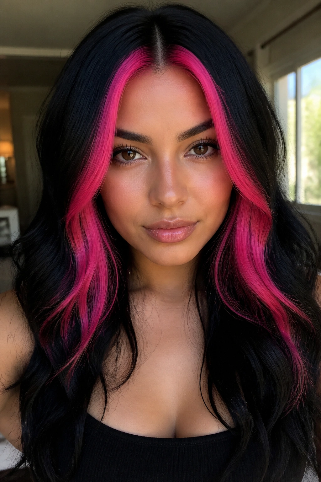 Close-up portrait of a real woman showing midnight black hair with hot pink money pieces around the face in window light.