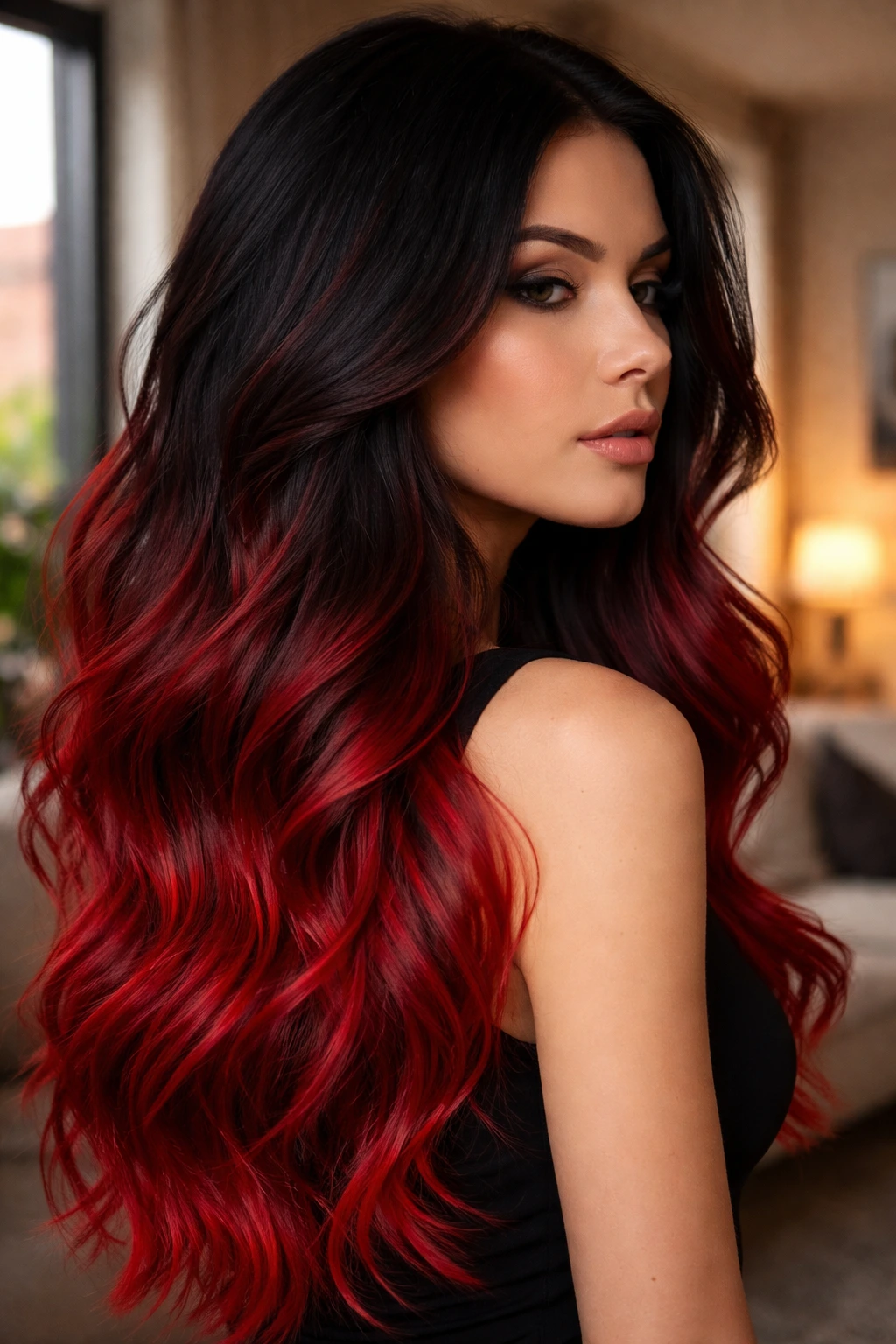 Close-up of a real woman with black roots fading to red ends in bold ombre