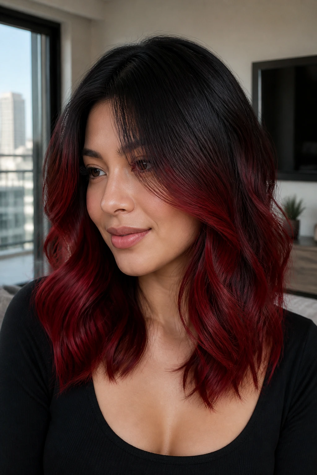 Close-up of mid-length hair with midnight black roots and red velvet ends