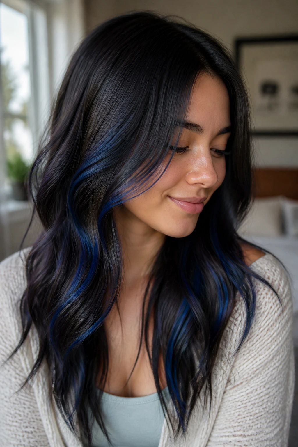 Close-up of real woman with midnight blue ribbons balayage on dark brown hair