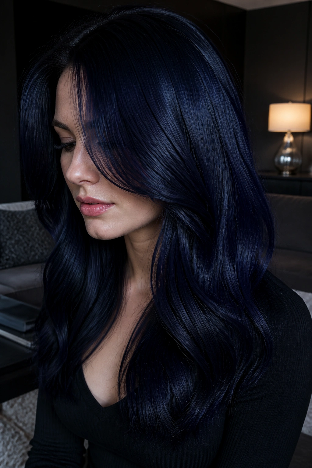 Portrait of a real person with midnight blue-black gloss hair catching blue-violet sheen.