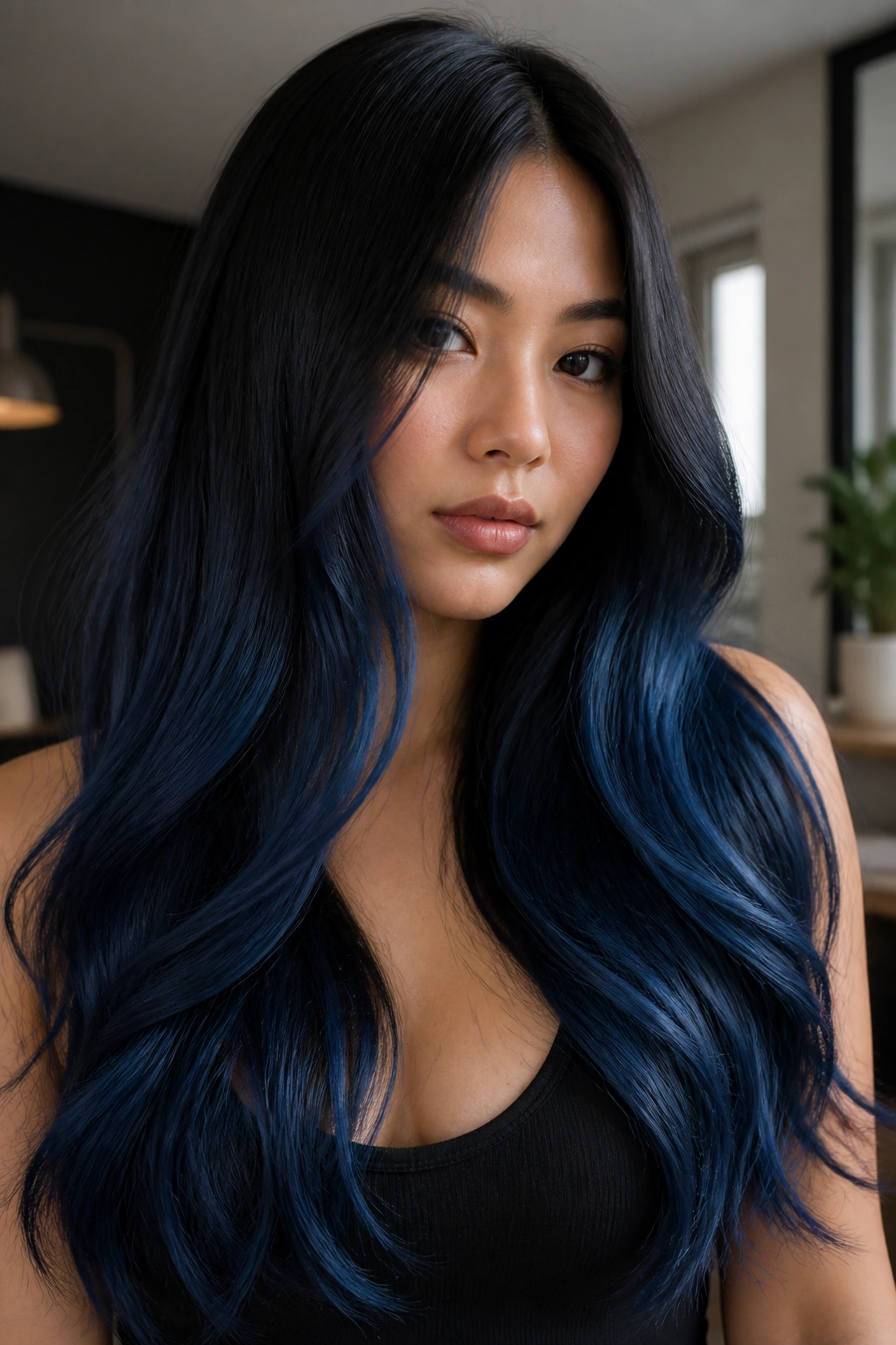 Close-up of a real woman with black roots melting into midnight blue on long hair.