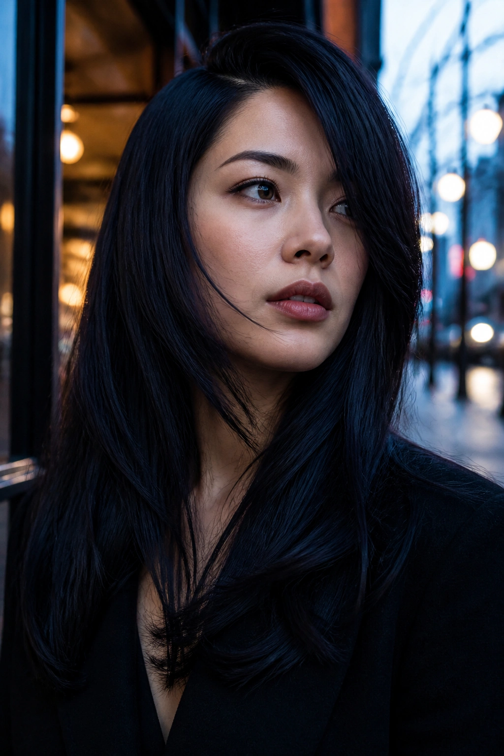 Real person with midnight blue-black hair and deep side part