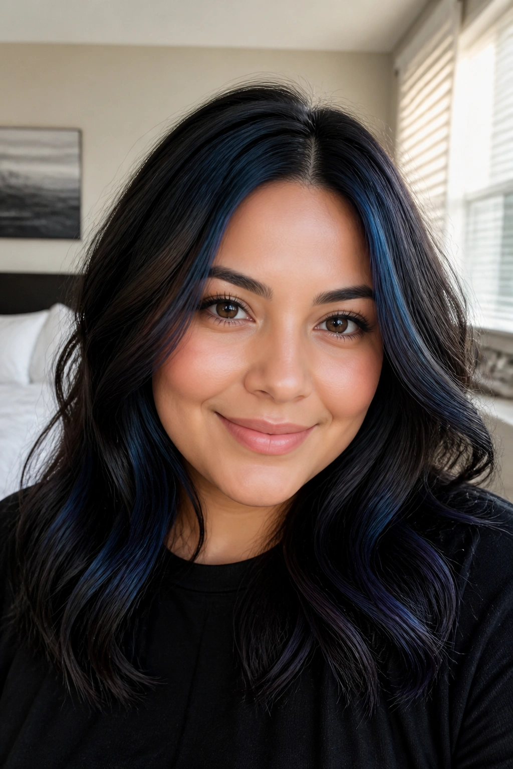 Close-up of a woman with midnight blue accent pieces around the crown