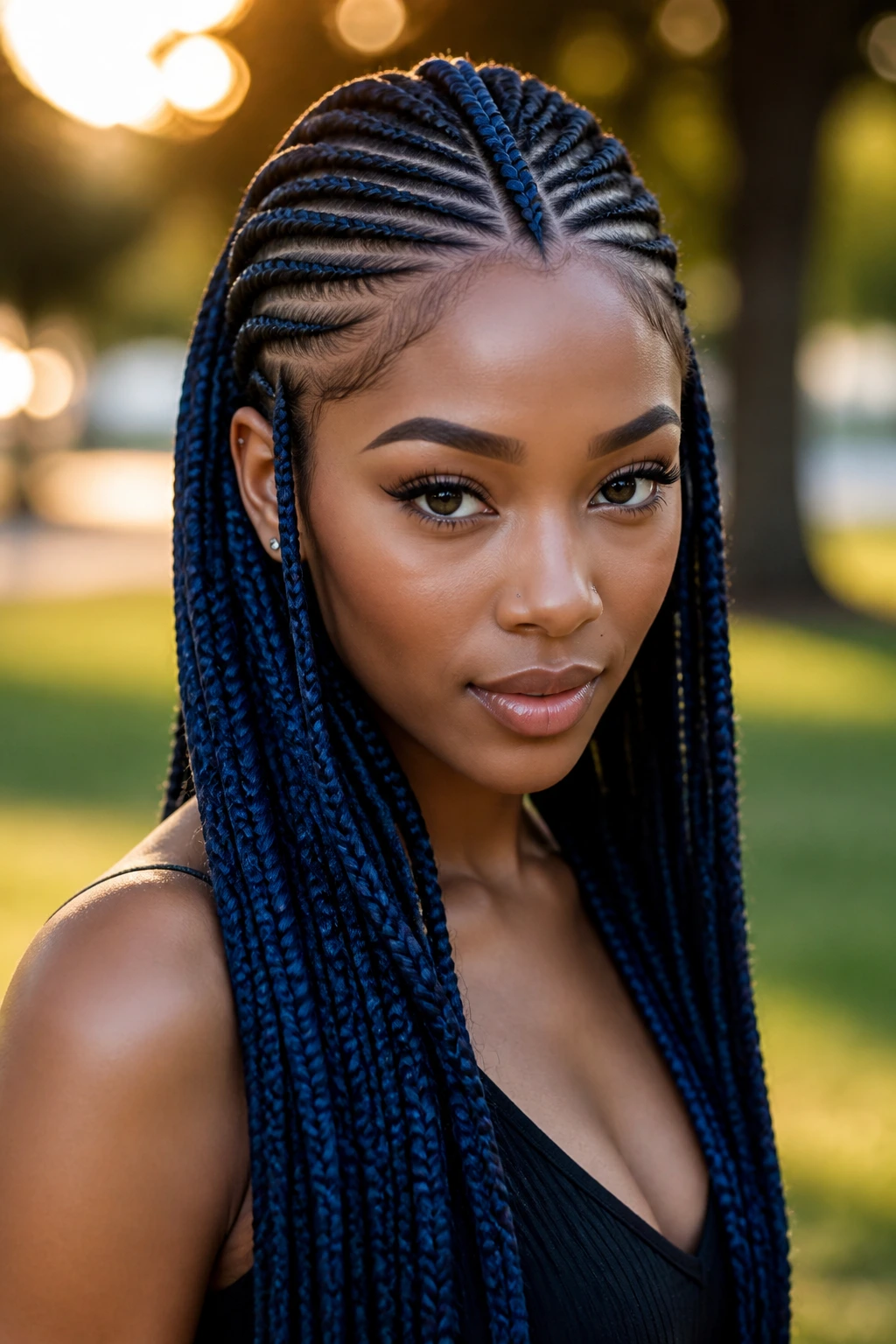 Close-up portrait of a real person with midnight-blue Fulani braids