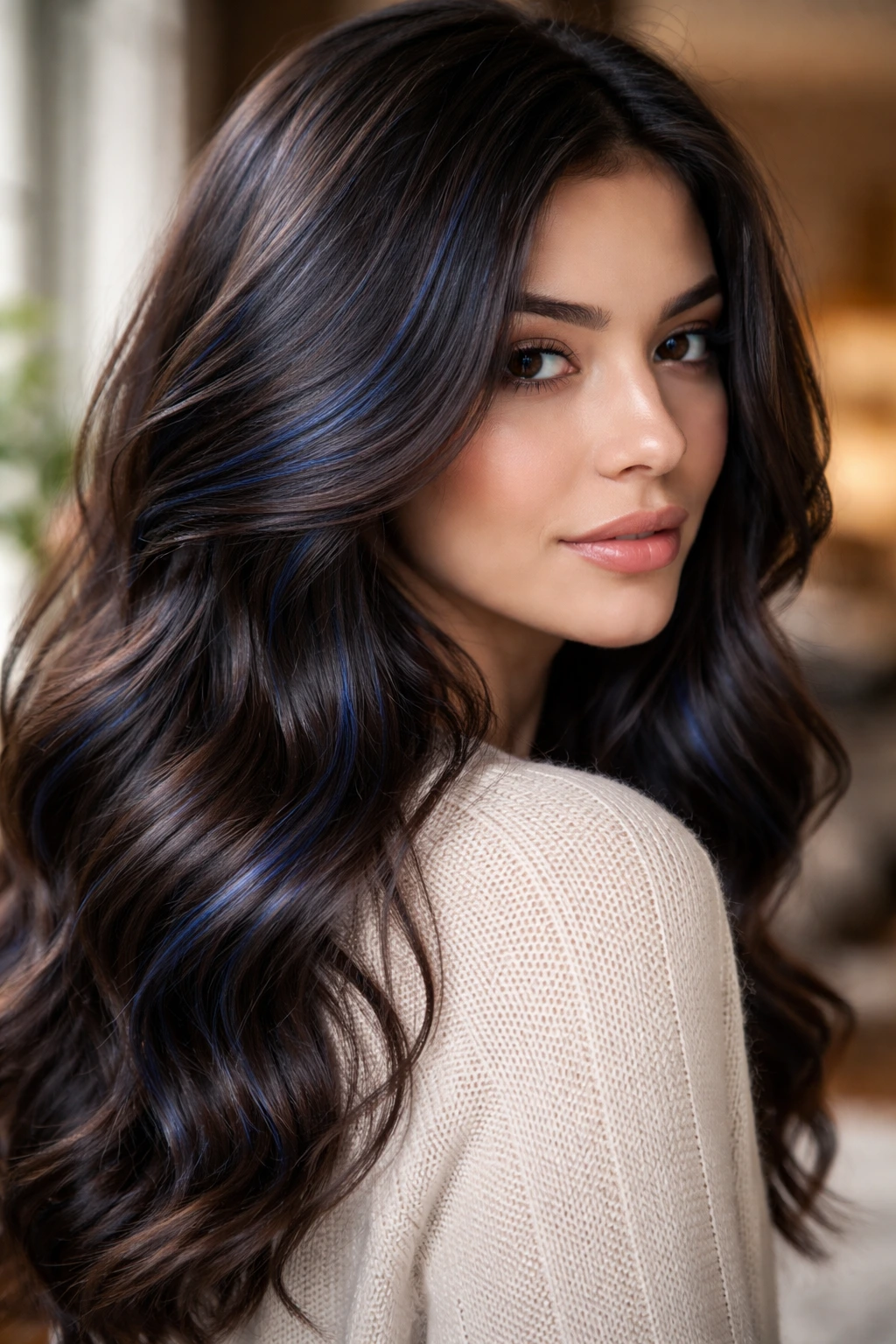 Brown hair with midnight blue glaze and glossy shine