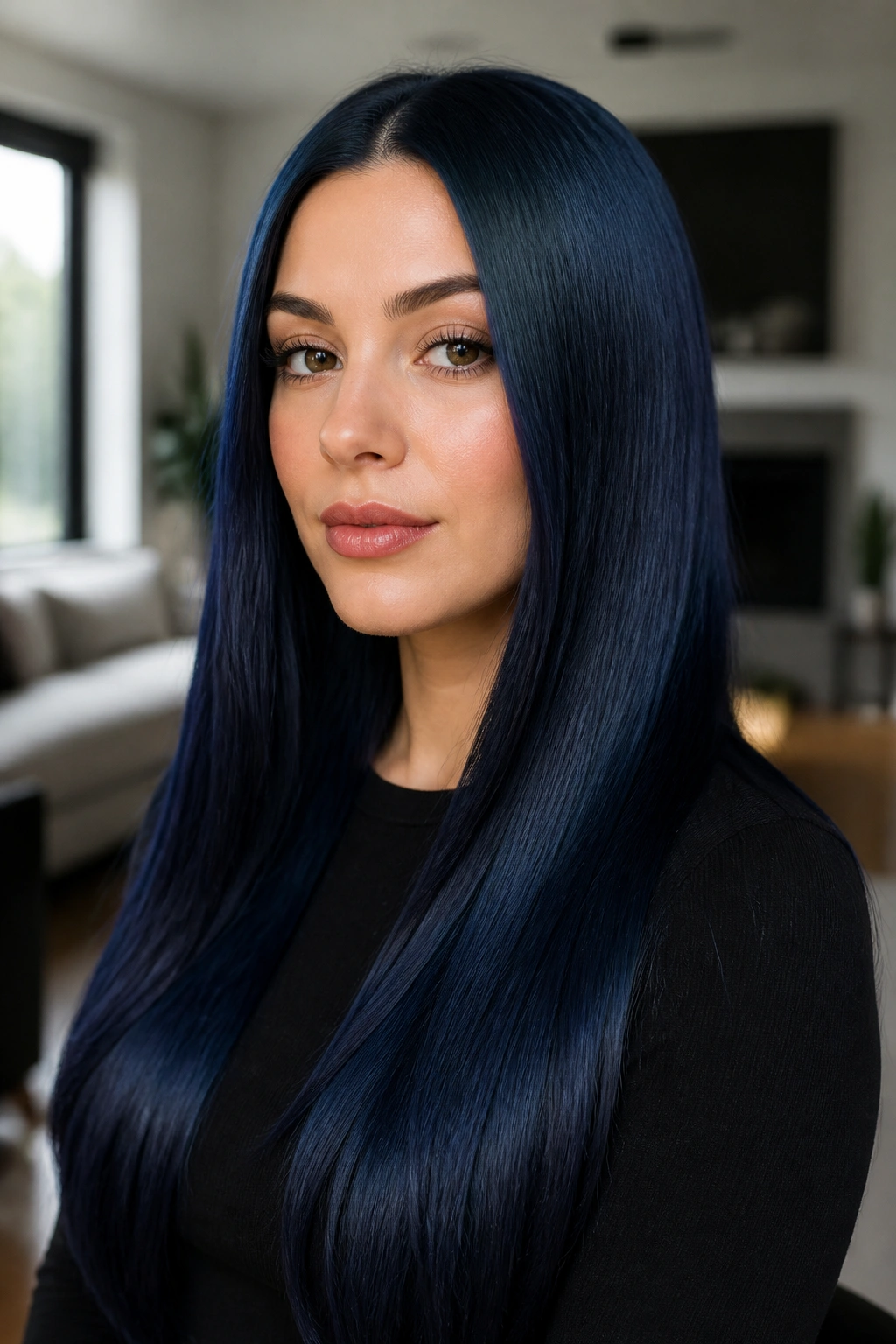 Close-up of a real woman with center-parted sleek midnight blue hair past the shoulders