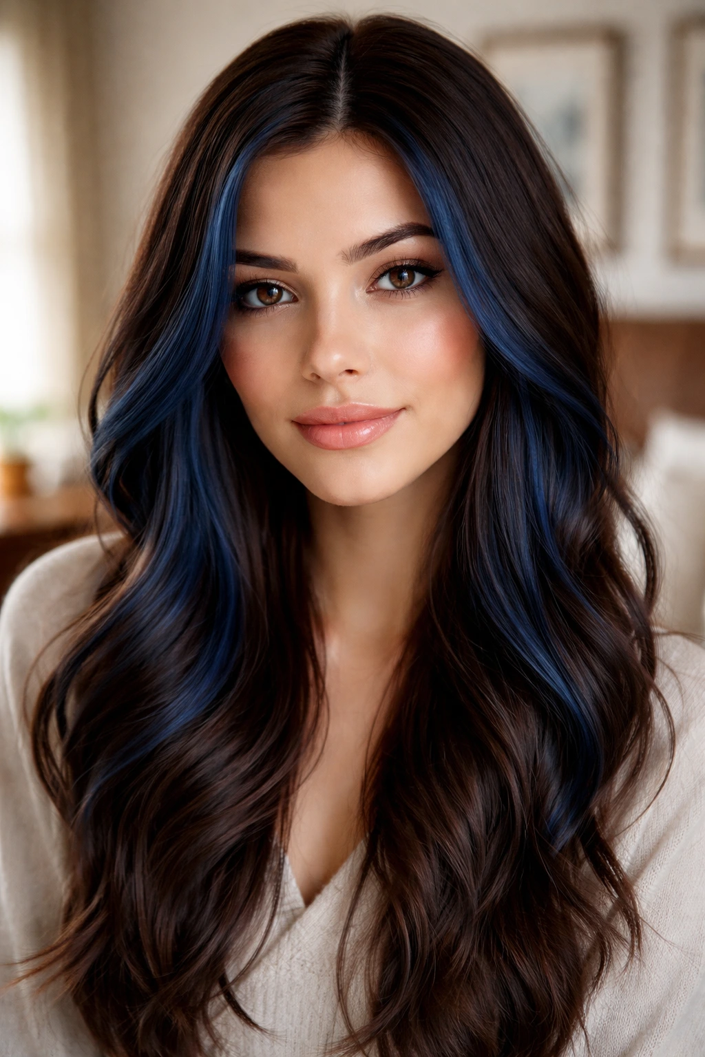 Close-up portrait of a real woman with midnight blue face-framing hair around the face