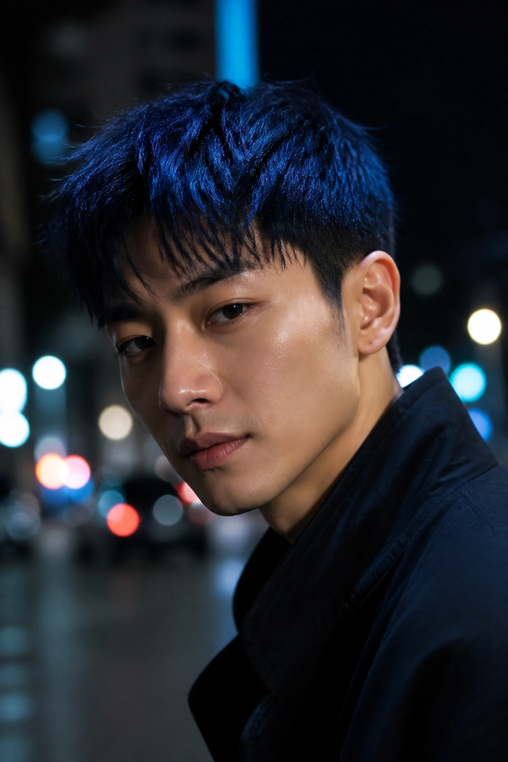 Close-up portrait of a man with midnight blue hair in a short textured cut.