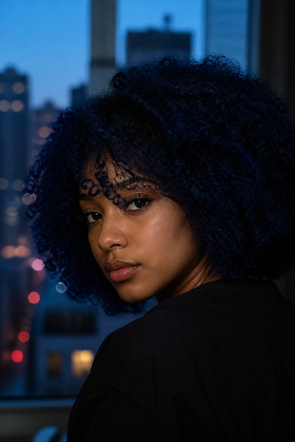 Portrait of a person with midnight blue hair under blue hour lighting.