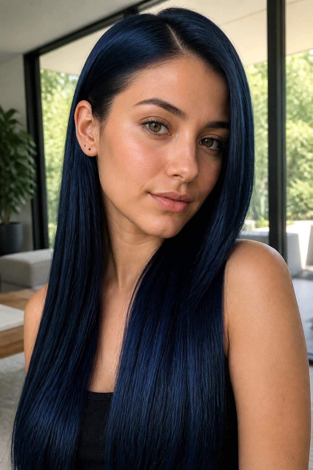 Close-up portrait of long sleek hair in glossy midnight blue