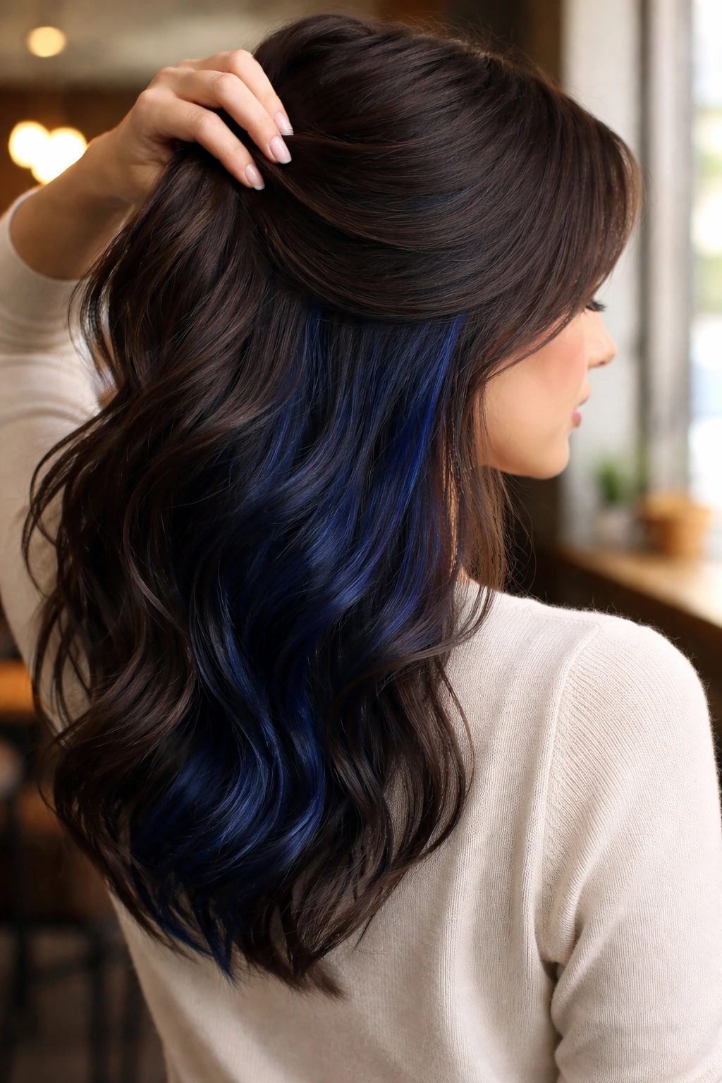 Side-profile showing midnight blue peak-a-boo underlayer on real person
