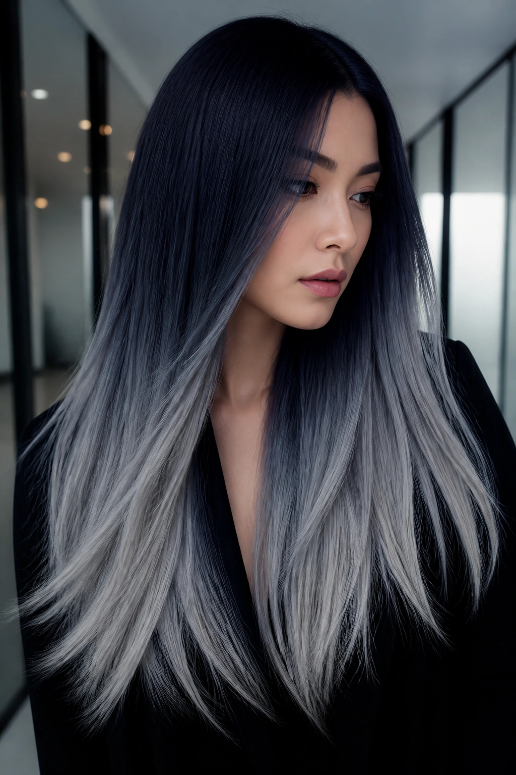 Close-up of a real woman with midnight blue to silver ombre on long hair