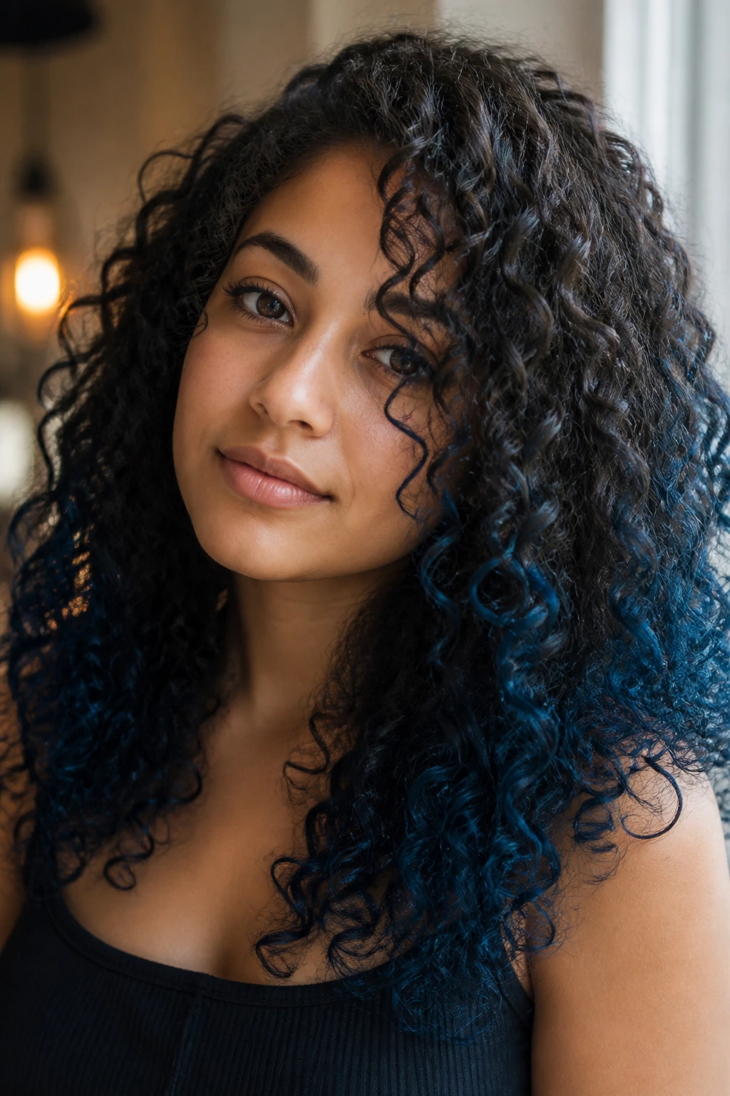 Close-up of a real person showing midnight blue hair tips on the ends.