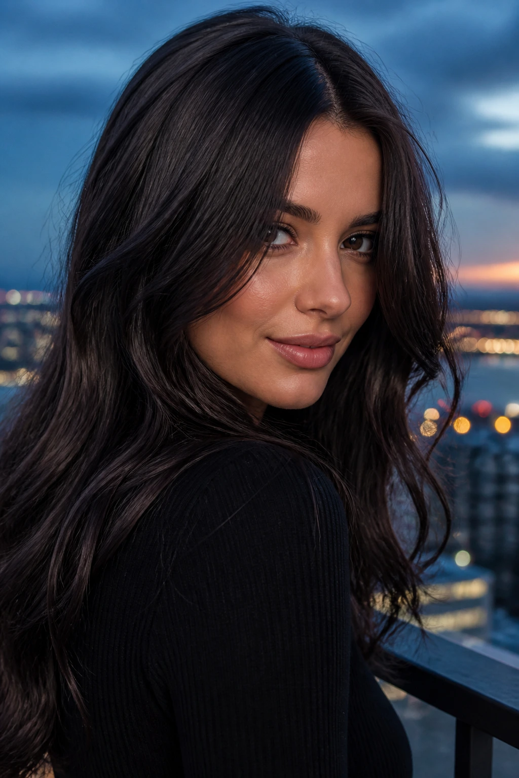 Close-up portrait of a woman with midnight brown hair and blue undertones