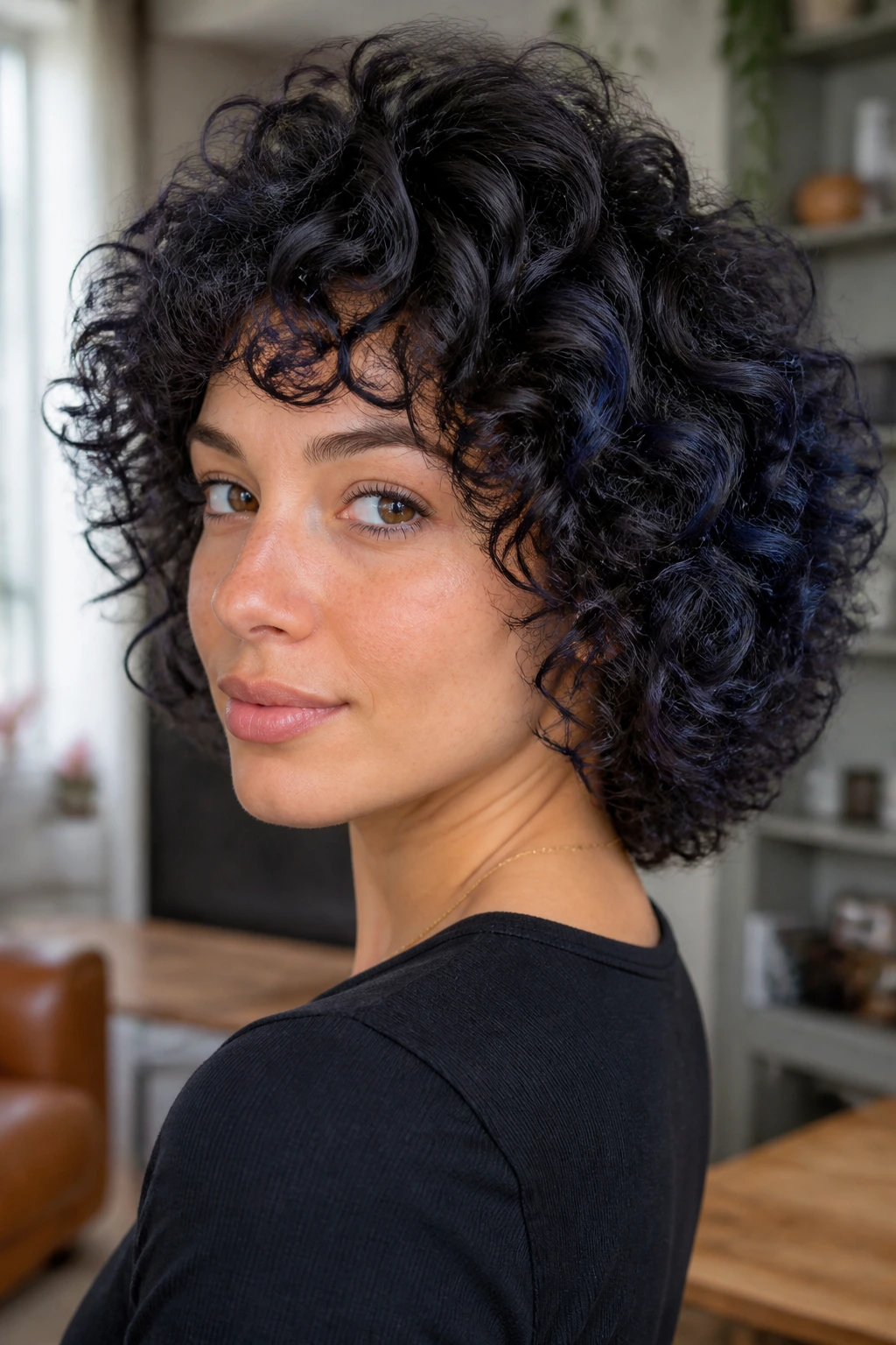 Close-up of a woman with midnight brown curls haloed by blue glaze around the crown