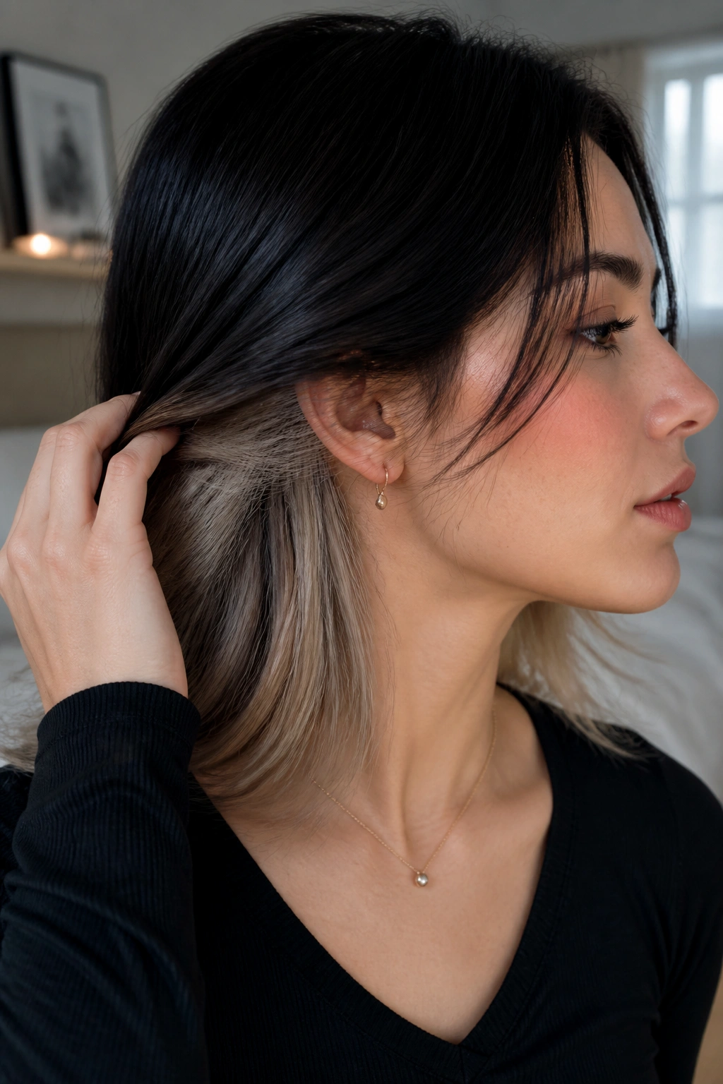 Close-up of a real woman's hair showing midnight brown with a glacier blonde underlayer at the nape.