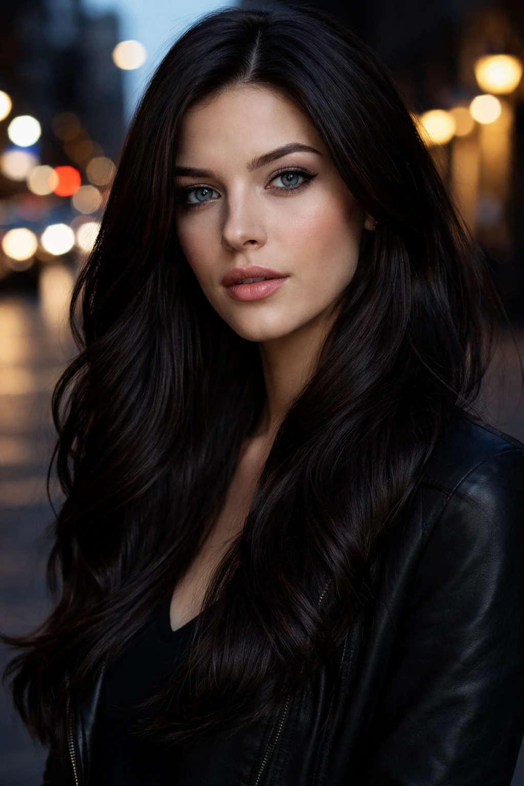 Close-up portrait of a real person with midnight brown hair under evening city lights.
