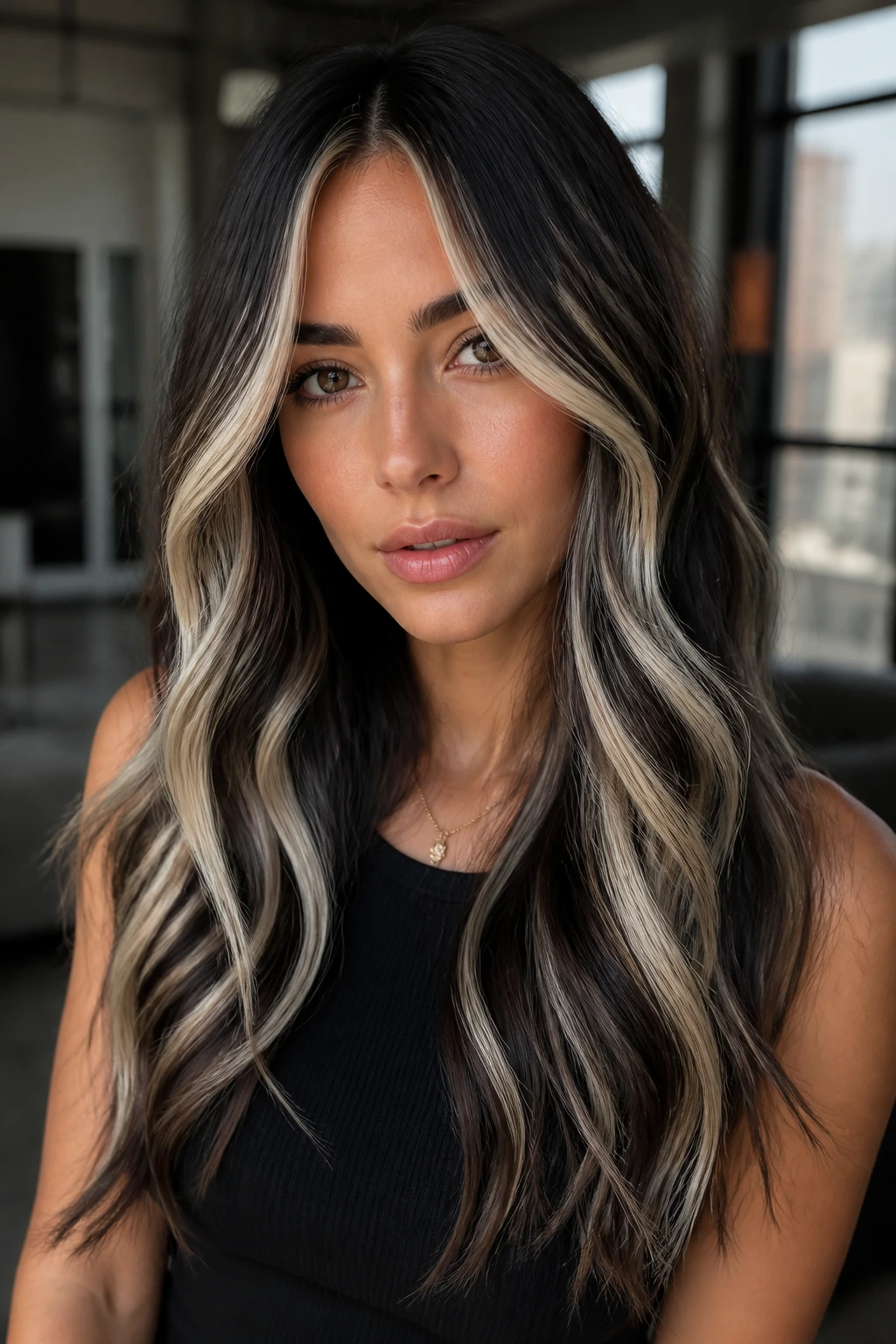 Dark midnight brown hair with ice blonde ribbons in a modern loft setting