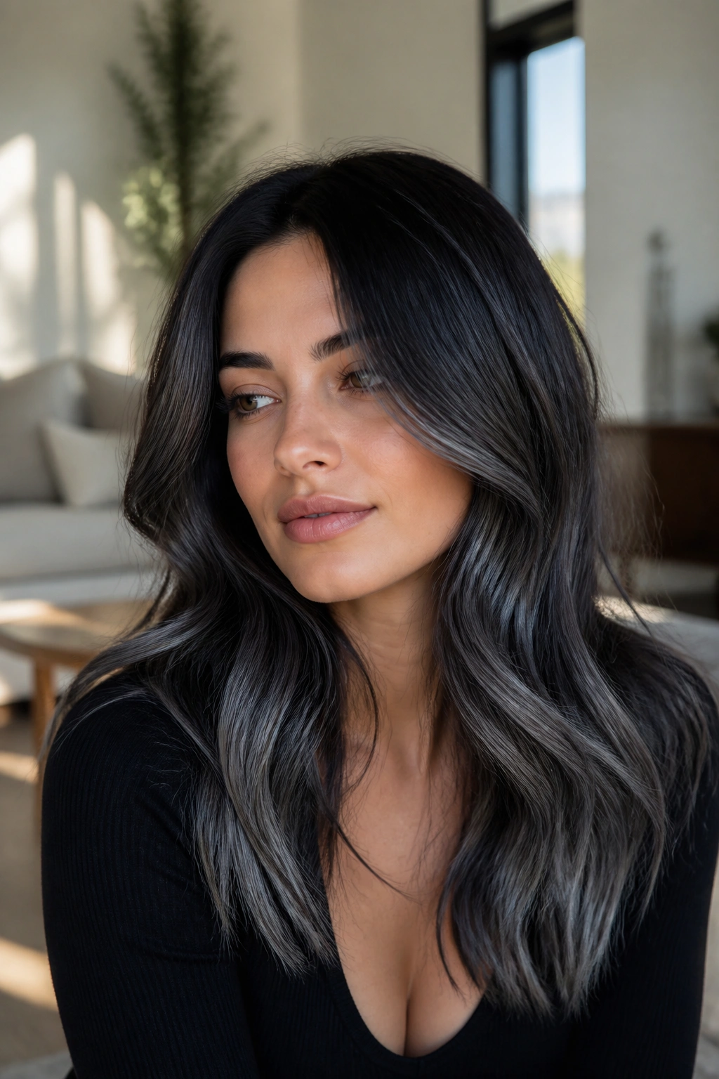 Close-up of midnight brown hair with a soft slate balayage on midlengths