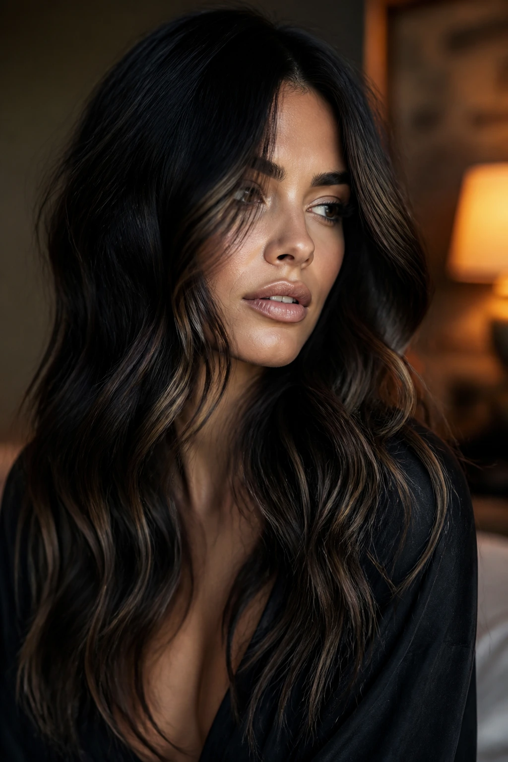 Close-up of a real woman with midnight brunette hair and carved highlights on waves.