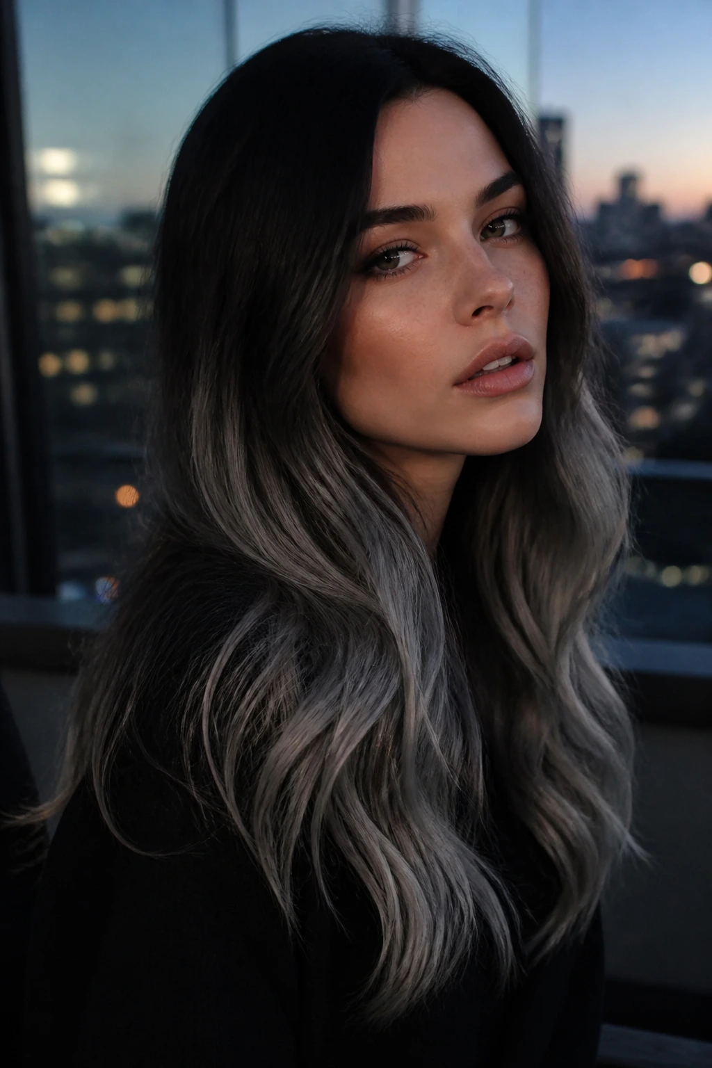 Woman with dark roots fading to gray in a dusk-lit balcony setting