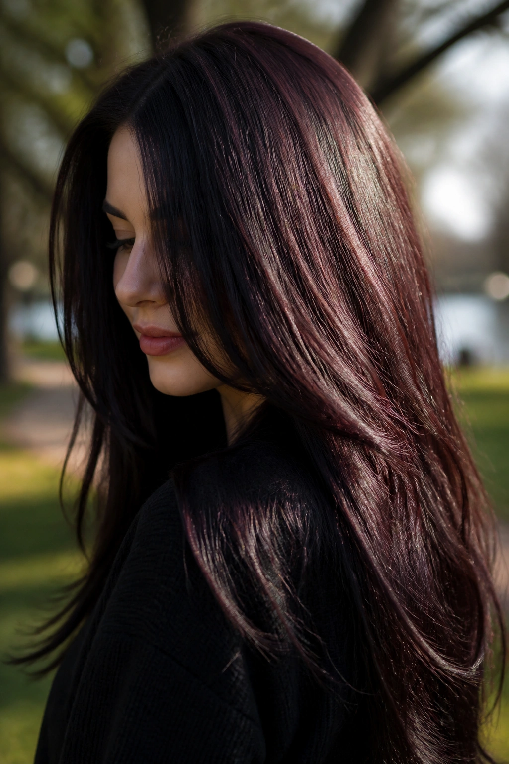 Close-up portrait of a person with near-black hair showing hidden burgundy under sunlight